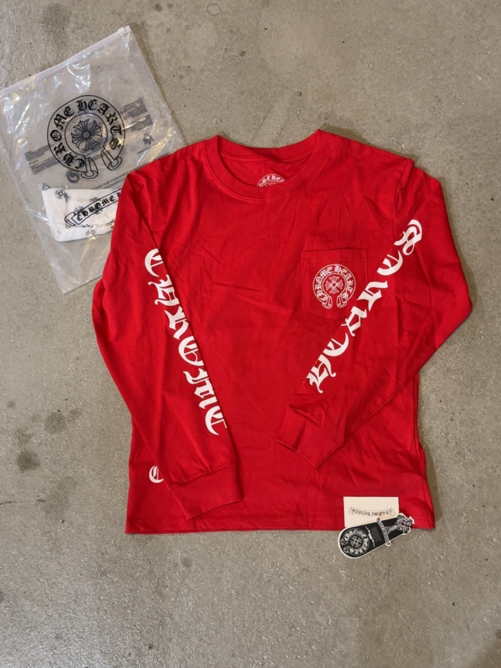 Chrome Hearts Red Long Sleeve Pocket Tee with White Sleeve Logos